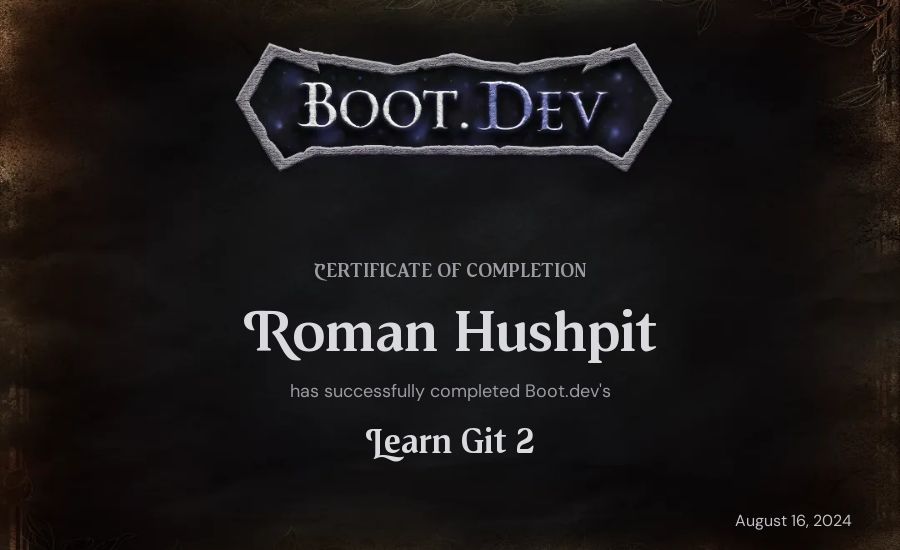 Roman Hushpit's Boot.dev Learn Git 2 certificate