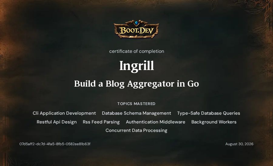 Ingrill's Boot.dev Build a Blog Aggregator in Go certificate