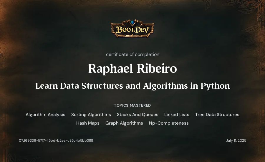 Raphael Ribeiro's Boot.dev Learn Data Structures and Algorithms in Python certificate