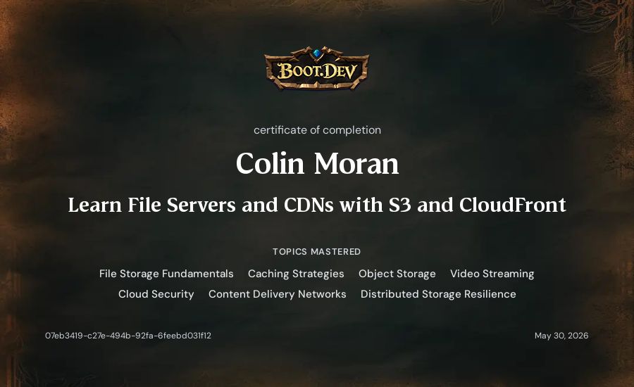 Colin Moran's Boot.dev Learn File Servers and CDNs with S3 and CloudFront certificate