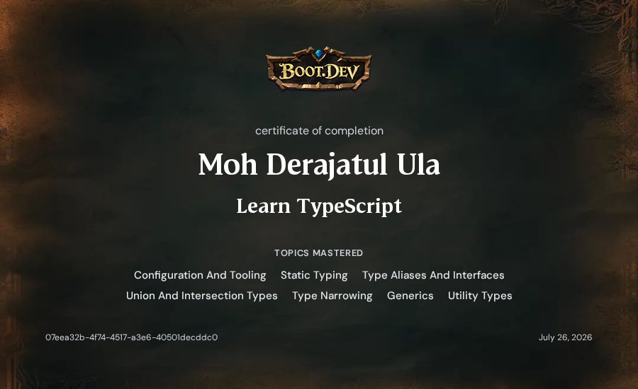 Moh Derajatul Ula's Boot.dev Learn TypeScript certificate