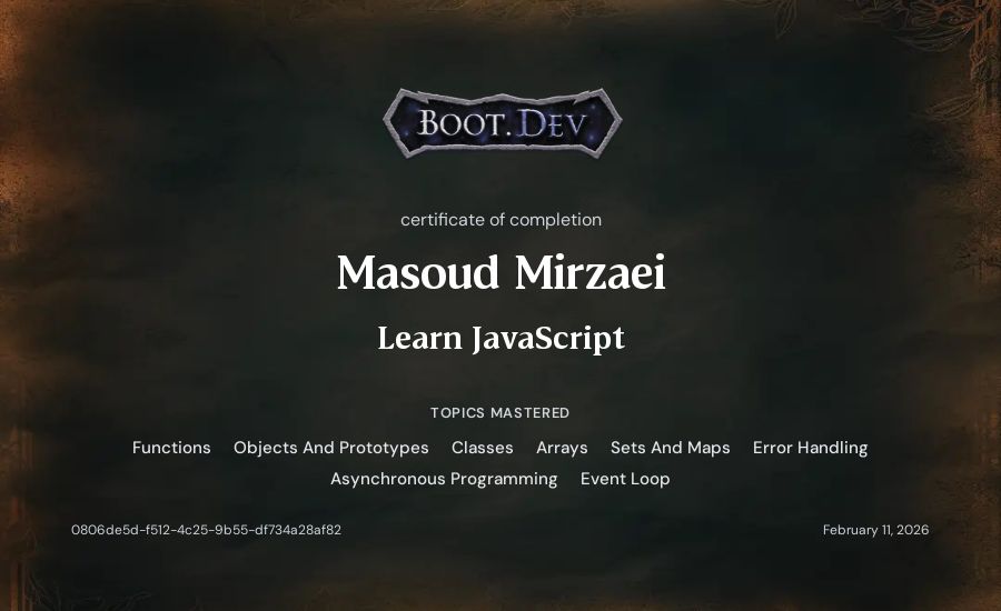 Masoud Mirzaei's Boot.dev Learn JavaScript certificate