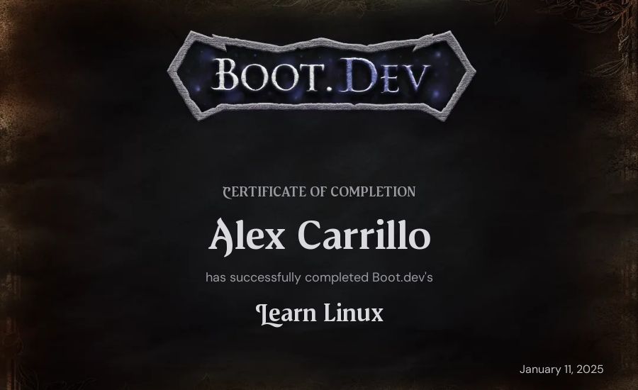 Alex Carrillo's Boot.dev Learn Linux certificate