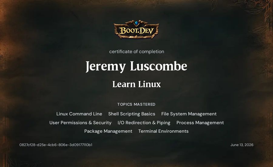 Jeremy Luscombe's Boot.dev Learn Linux certificate