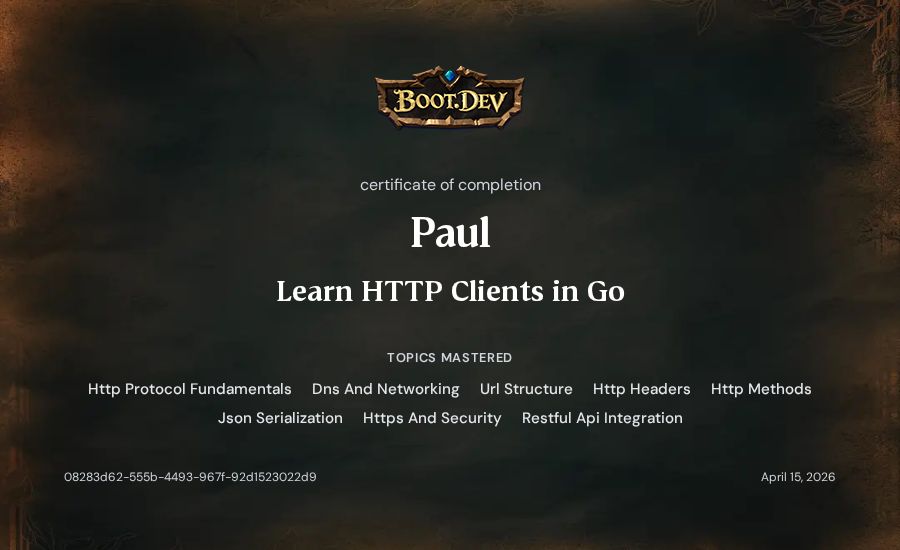 Paul's Boot.dev Learn HTTP Clients in Go certificate
