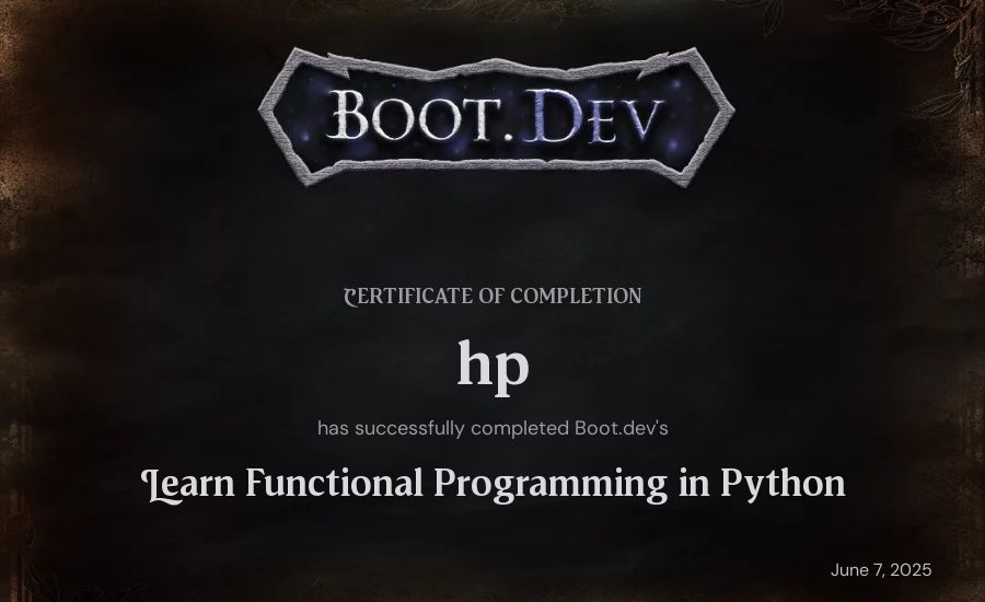 Huy Pham's Boot.dev Learn Functional Programming in Python certificate