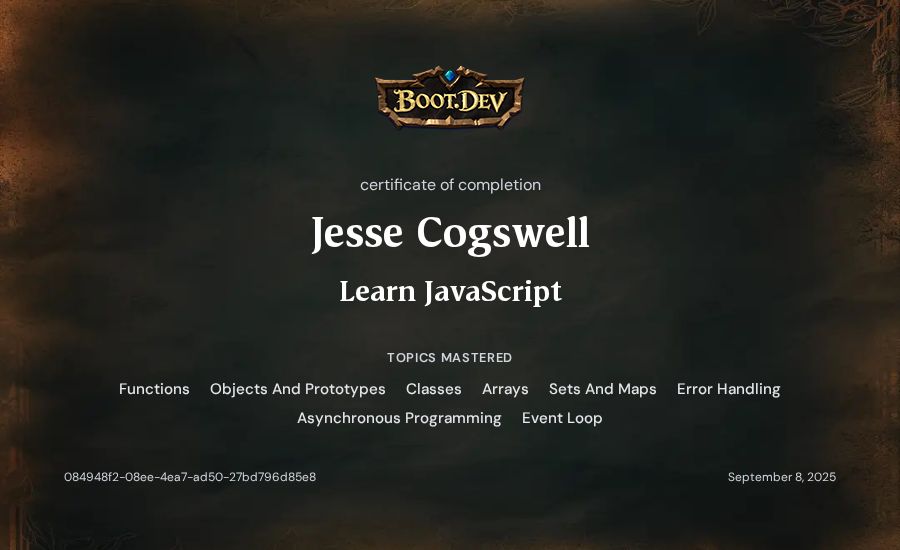 Jesse Cogswell's Boot.dev Learn JavaScript certificate