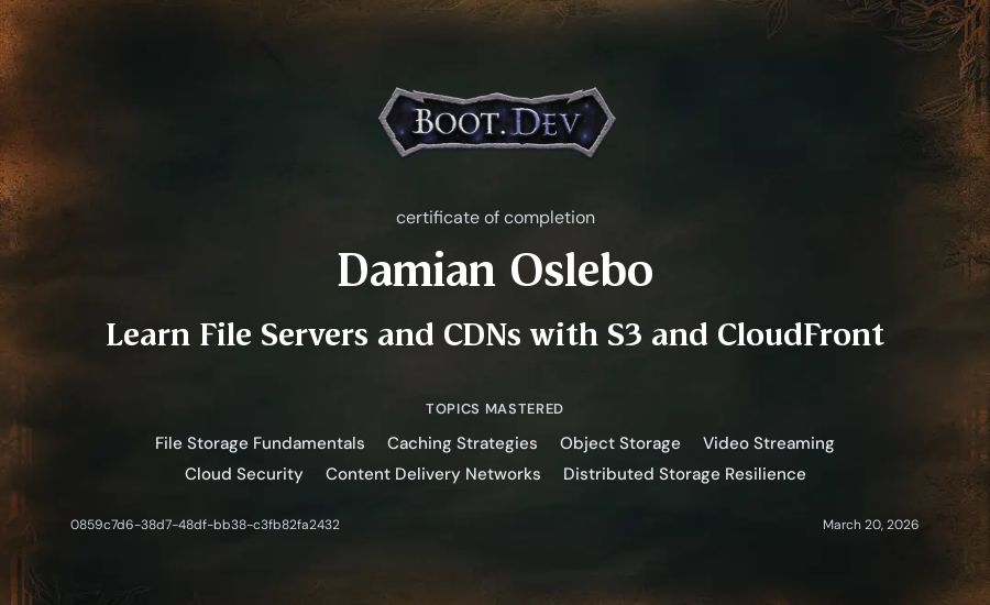 Damian Oslebo's Boot.dev Learn File Servers and CDNs with S3 and CloudFront certificate