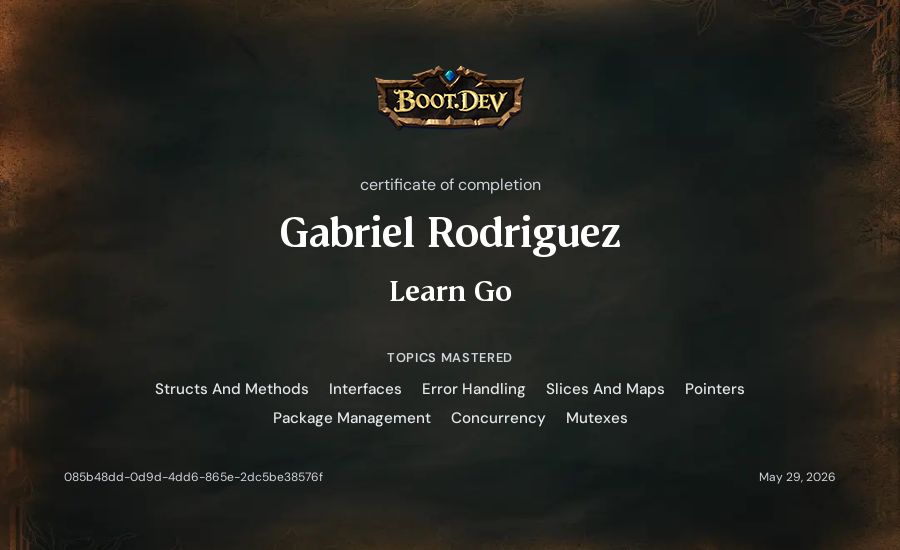 Gabriel Rodriguez's Boot.dev Learn Go certificate