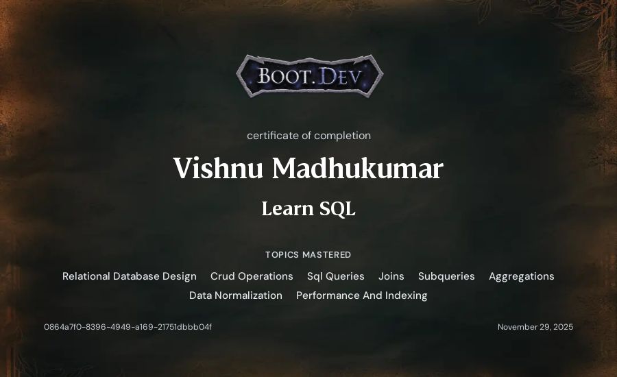 Vishnu Madhukumar's Boot.dev Learn SQL certificate