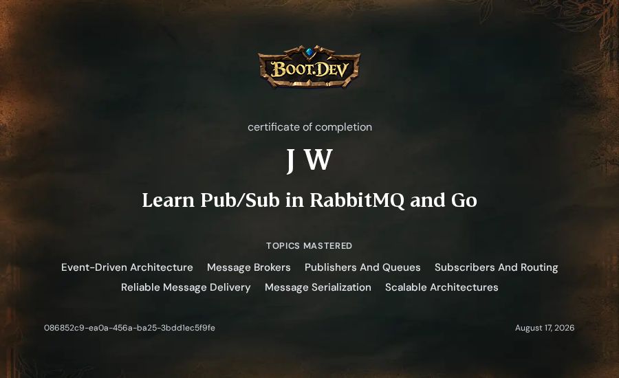 J W's Boot.dev Learn Pub/Sub in RabbitMQ and Go certificate