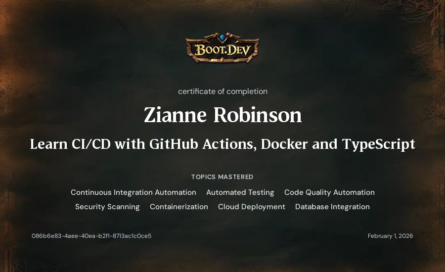 Zianne Robinson's Boot.dev Learn CI/CD with GitHub Actions, Docker and TypeScript certificate