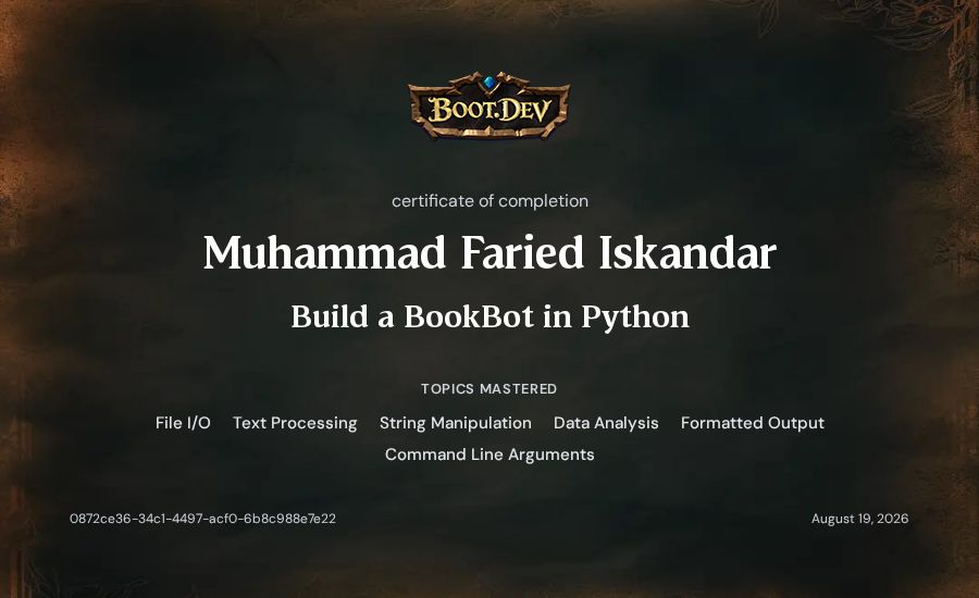 Muhammad Faried Iskandar's Boot.dev Build a BookBot in Python certificate