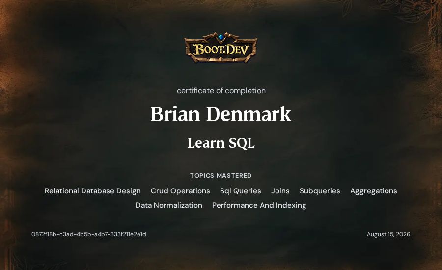 Brian Denmark's Boot.dev Learn SQL certificate