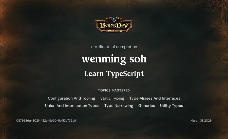 wenming soh's Boot.dev Learn TypeScript certificate