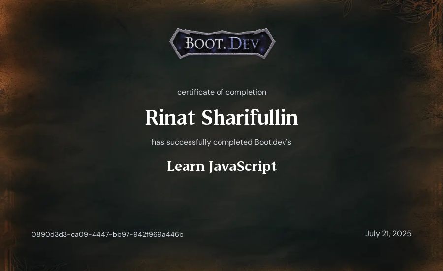 Rinat Sharifullin's Boot.dev Learn JavaScript certificate