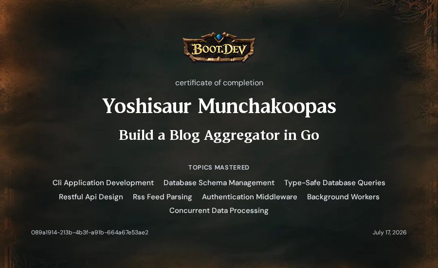 Yoshisaur Munchakoopas's Boot.dev Build a Blog Aggregator in Go certificate