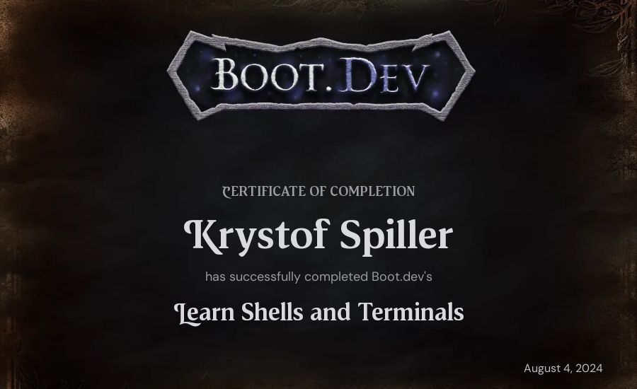 Krystof Spiller's Boot.dev Learn Linux certificate