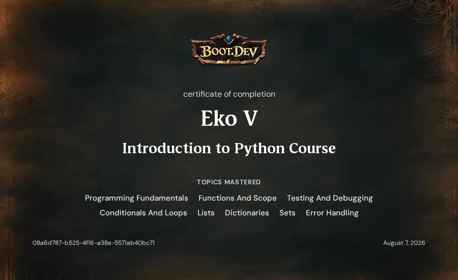 Eko V's Boot.dev Introduction to Python Course certificate