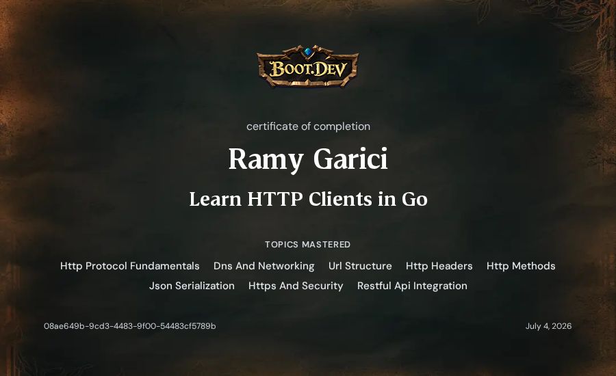 Ramy Garici's Boot.dev Learn HTTP Clients in Go certificate
