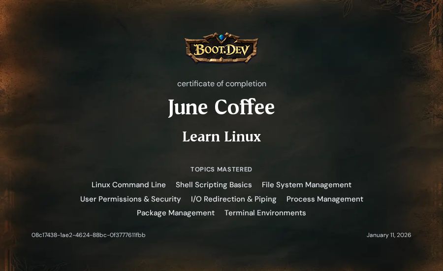 June Coffee's Boot.dev Learn Linux certificate