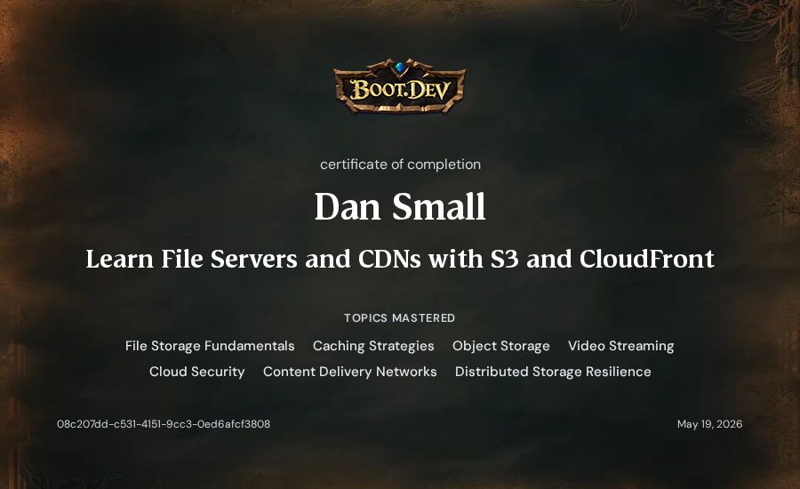 Dan Small's Boot.dev Learn File Servers and CDNs with S3 and CloudFront certificate