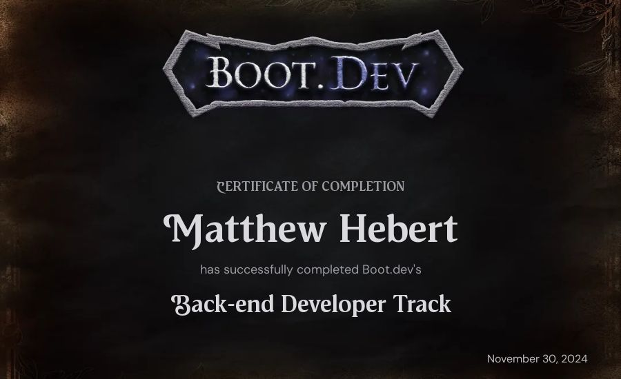Matthew Hebert's Boot.dev Backend Developer Path certificate