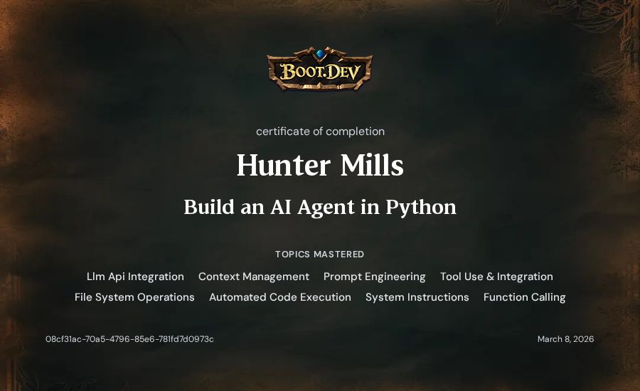 Hunter Mills's Boot.dev Build an AI Agent in Python certificate