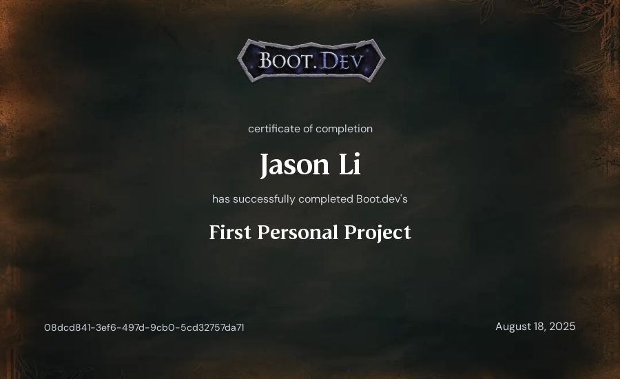 Jason Li's Boot.dev First Personal Project certificate