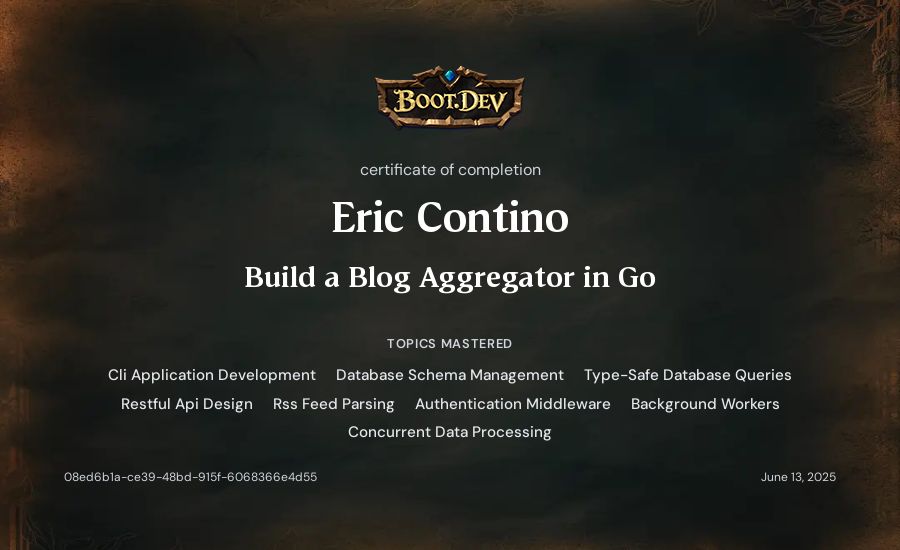 Eric Contino's Boot.dev Build a Blog Aggregator in Go certificate