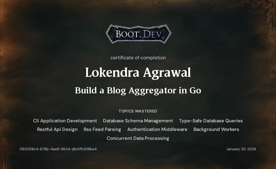 Lokendra Agrawal's Boot.dev Build a Blog Aggregator in Go certificate