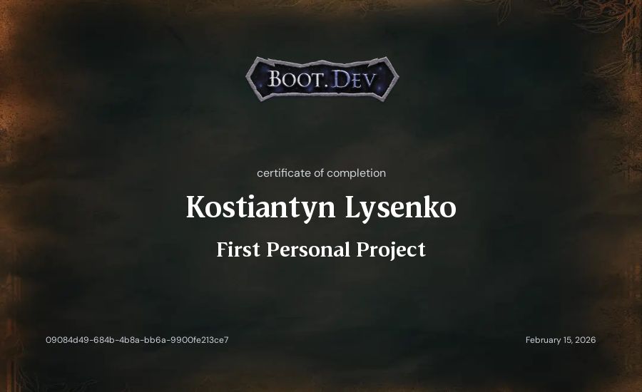 Kostiantyn Lysenko's Boot.dev First Personal Project certificate