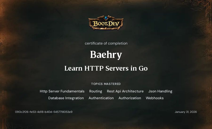 Baehry's Boot.dev Learn HTTP Servers in Go certificate