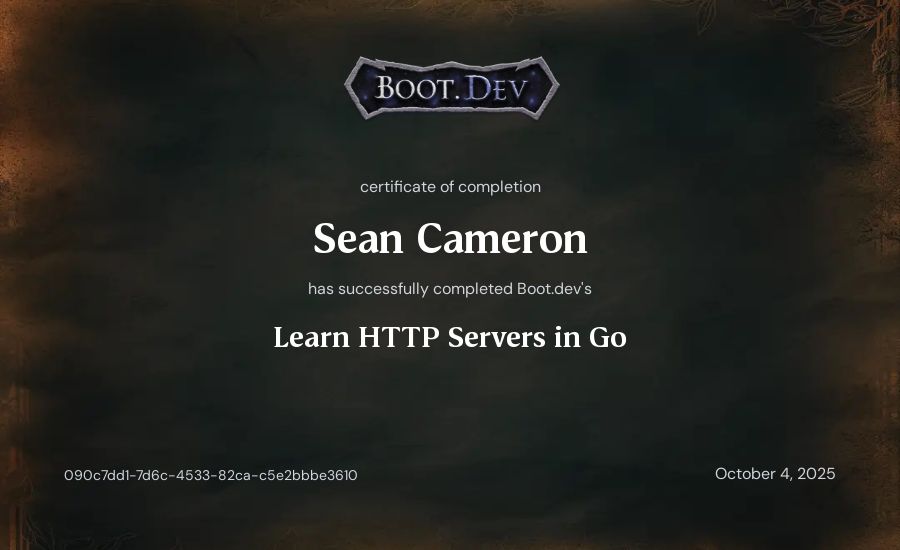 Sean Cameron's Boot.dev Learn HTTP Servers in Go certificate