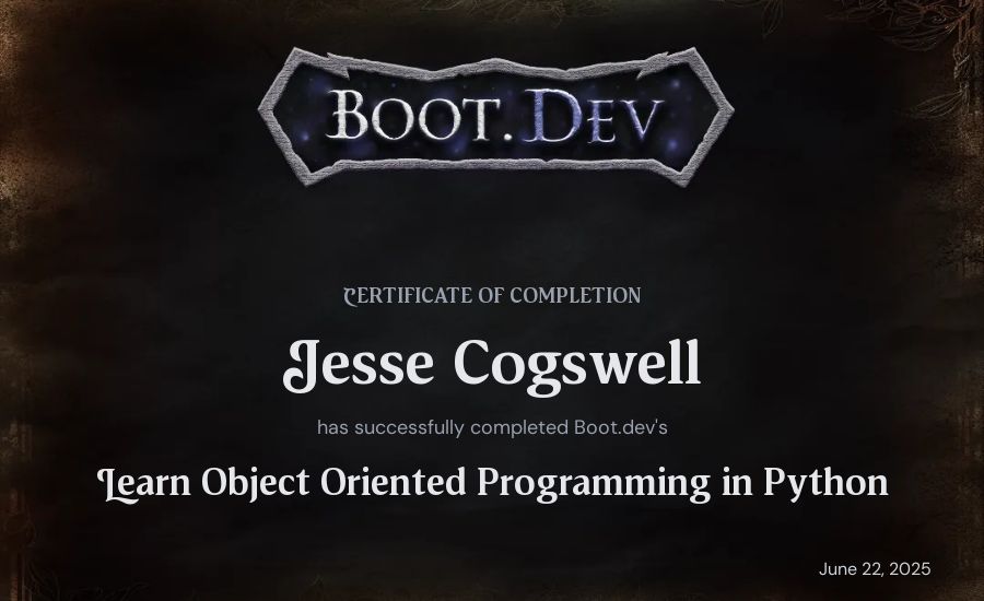 Jesse Cogswell's Boot.dev Learn Object Oriented Programming in Python certificate