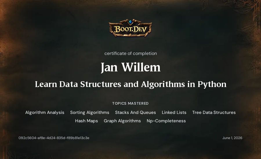 Jan Willem's Boot.dev Learn Data Structures and Algorithms in Python certificate