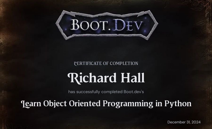 Richard Hall's Boot.dev Learn Object Oriented Programming in Python certificate
