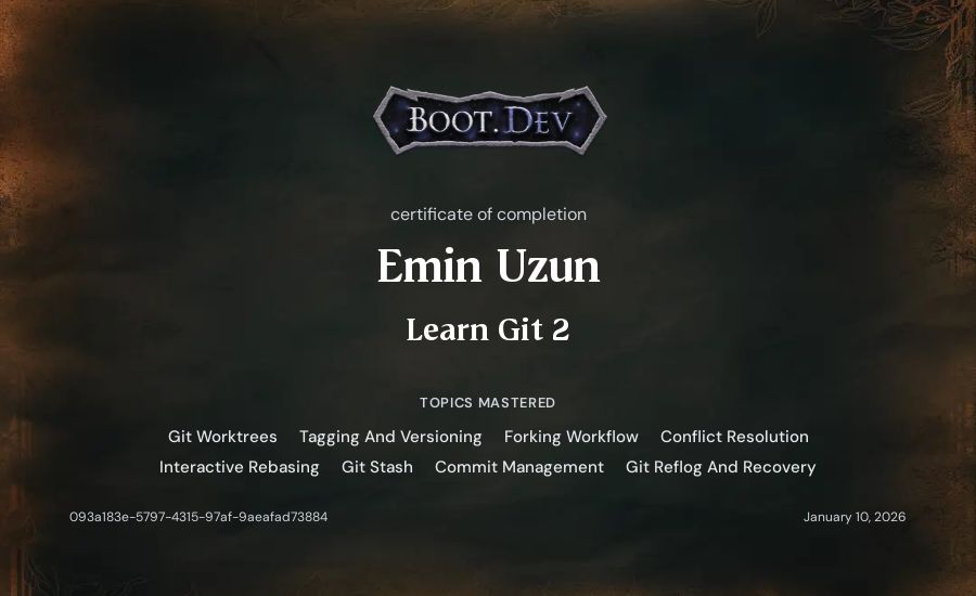 Emin Uzun's Boot.dev Learn Git 2 certificate