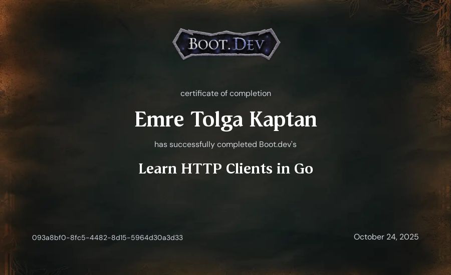 Emre Tolga Kaptan's Boot.dev Learn HTTP Clients in Go certificate