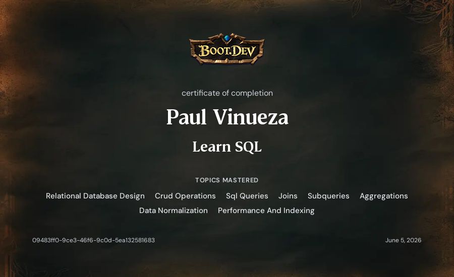 Paul Vinueza's Boot.dev Learn SQL certificate