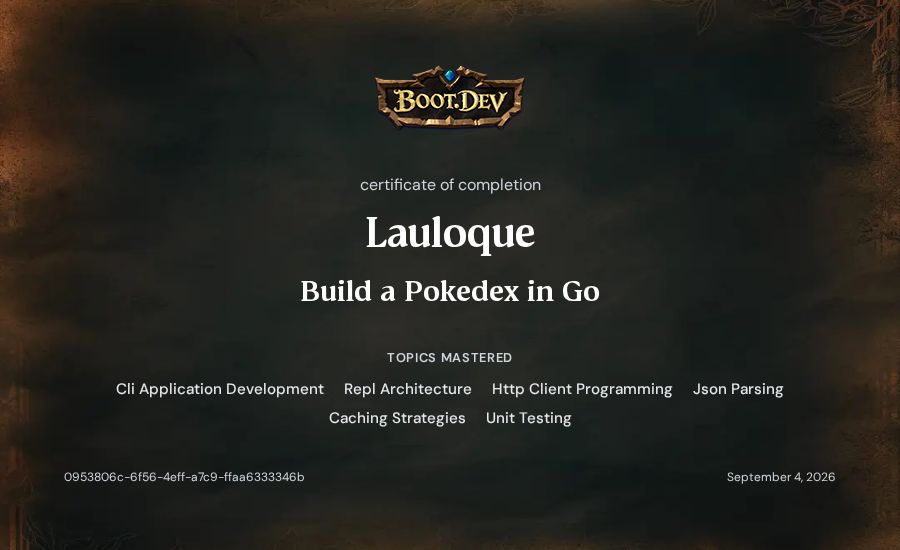 Lauloque's Boot.dev Build a Pokedex in Go certificate