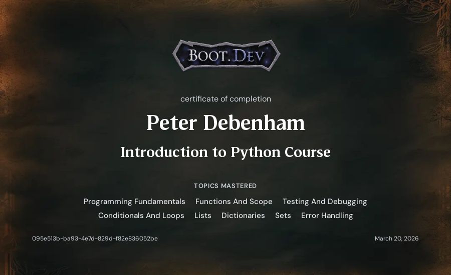 Peter Debenham's Boot.dev Introduction to Python Course certificate