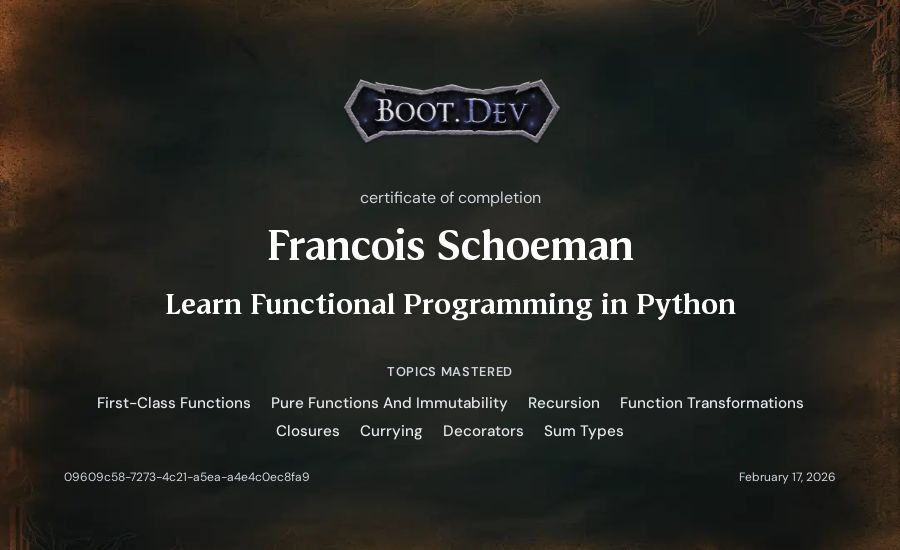 Francois Schoeman's Boot.dev Learn Functional Programming in Python certificate