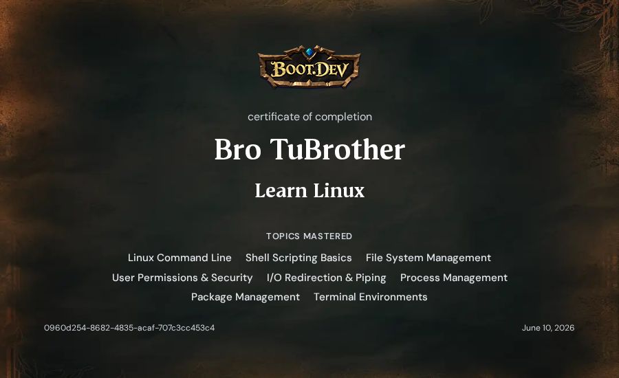 Bro TuBrother's Boot.dev Learn Linux certificate