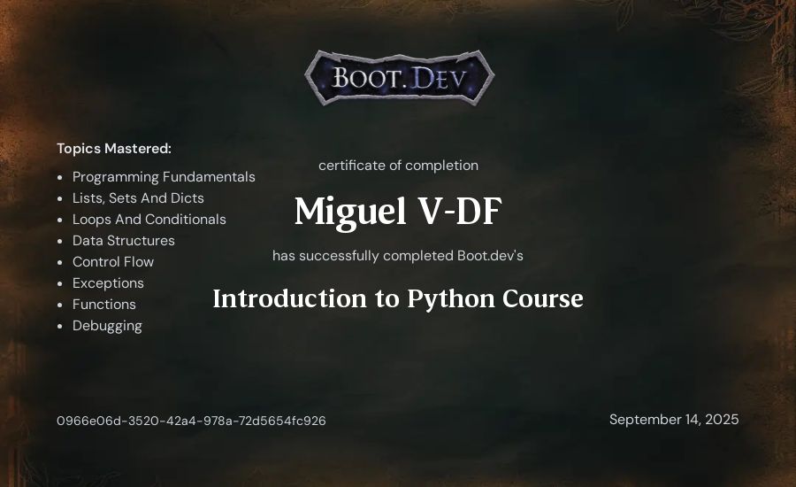 Miguel Vitta's Boot.dev Introduction to Python Course certificate