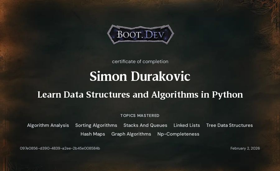 Simon's Boot.dev Learn Data Structures and Algorithms in Python certificate