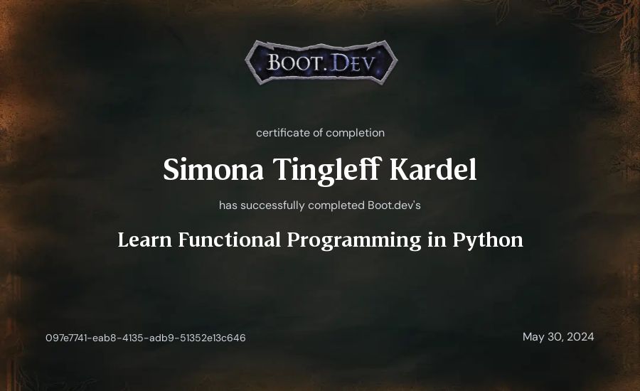 Simona Tingleff Kardel's Boot.dev Learn Functional Programming in Python certificate