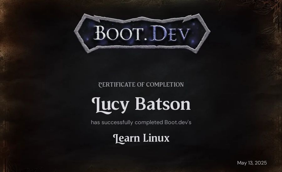 Lucy Batson's Boot.dev Learn Linux certificate