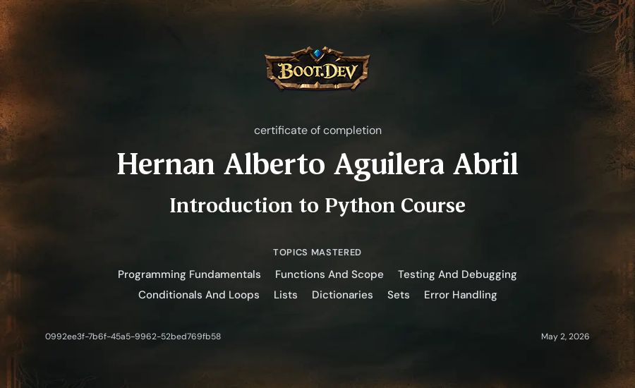 Hernan Alberto Aguilera Abril's Boot.dev Introduction to Python Course certificate