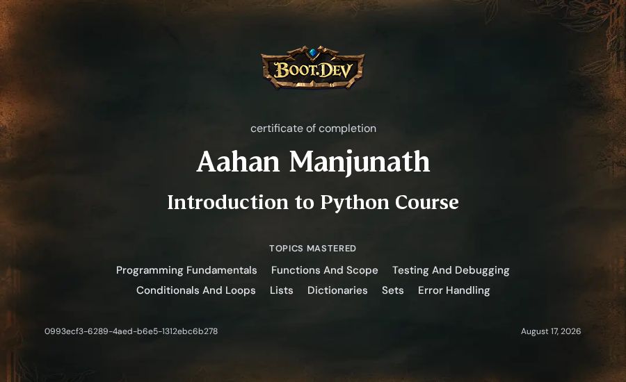 Aahan Manjunath's Boot.dev Introduction to Python Course certificate